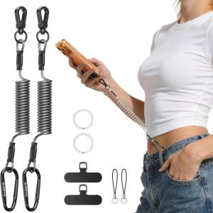SURPHY Anti Theft Phone Strap, Steel Wire Key Chain, Stretchy Retractable Phone Lanyard with Carabiner, Cellphone Lanyard(Black & Black)