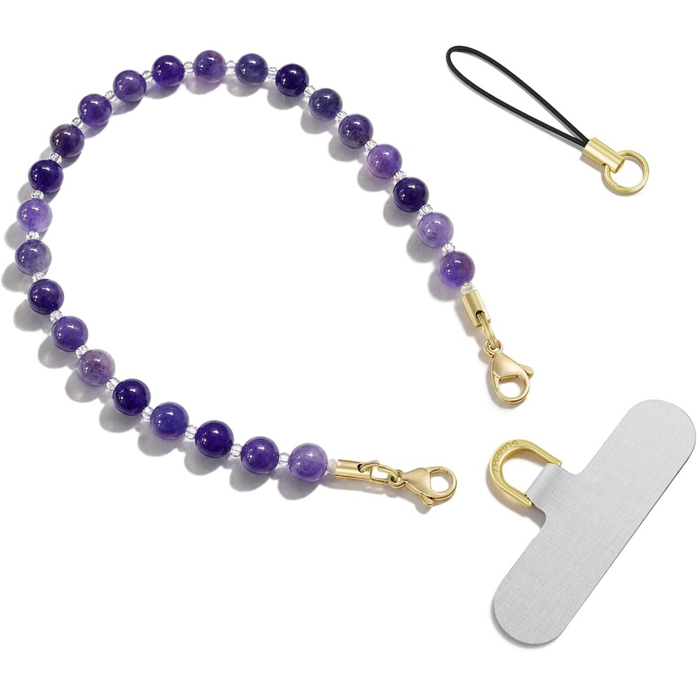 image:imageSURPHY Natural Stone Phone Charm Handmade Beaded Phone Wrist Strap with Tether Tab Purse Charms Cellphone Wrist Lanyard Fits Cellphone Cases Wallets Bags Keys Mauve Haze QuartziteAmethyst